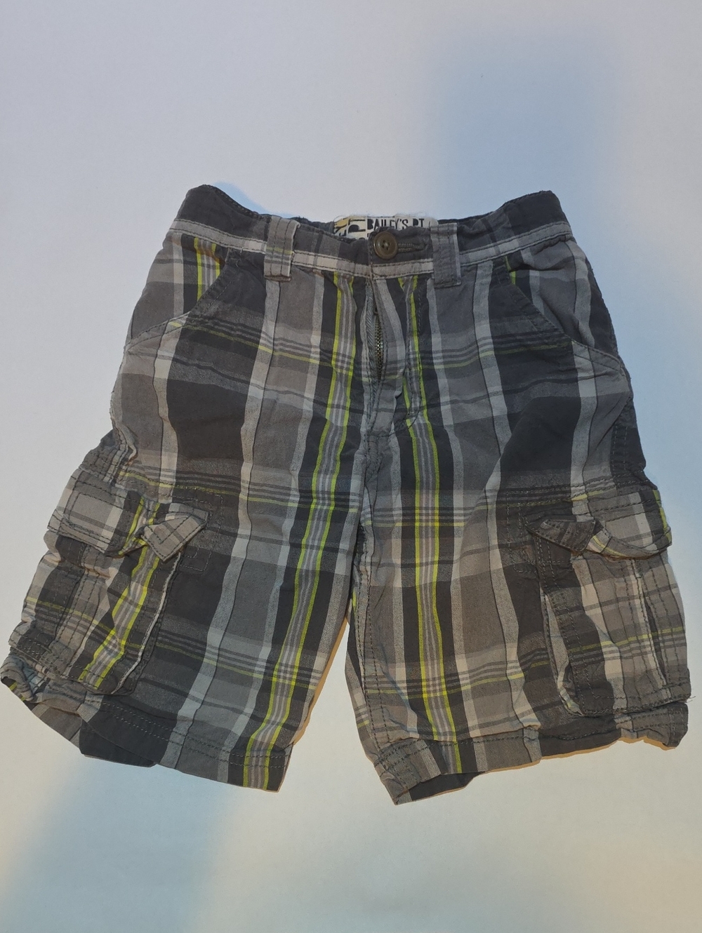 Boys Gray Plaid Cargo Shorts with Lime Stripe Accent